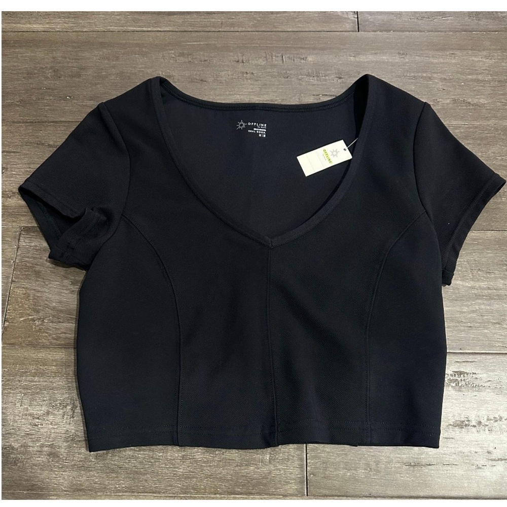 Aerie Black Fitted Crop T-Shirt Short Sleeve V-Neck